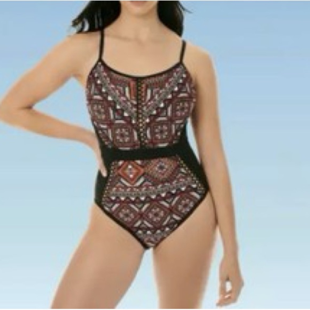 Geometric Print Black & Burgundy One-Piece Swimsuit